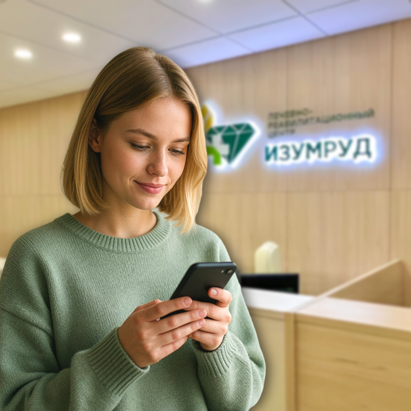 Женщина смотрит в смартфон — мобильное приложение ЛРЦ «Изумруд»